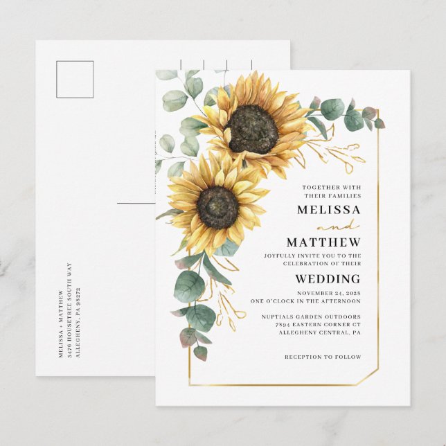 Invitation Carte Postale Mariage floral de tournesol Eucalyptus (Devant / Derrière)