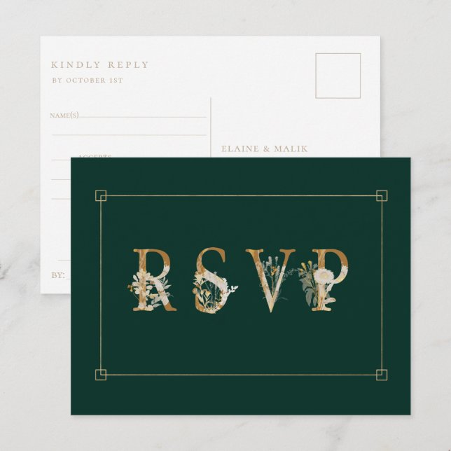 Invitation Carte Postale Mariage floral doré RSVP Song Demande d'invitation (Devant / Derrière)