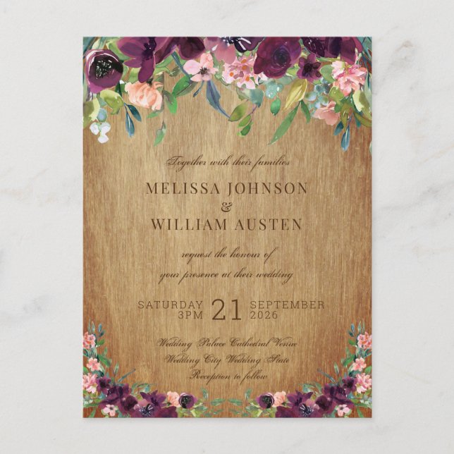 Invitation Carte Postale Mariage Floral en bois rustique (Devant)