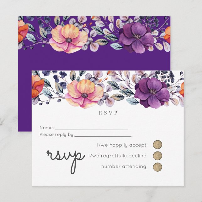 Invitation Carte Postale Mariage floral orange violet RSVP (Devant / Derrière)