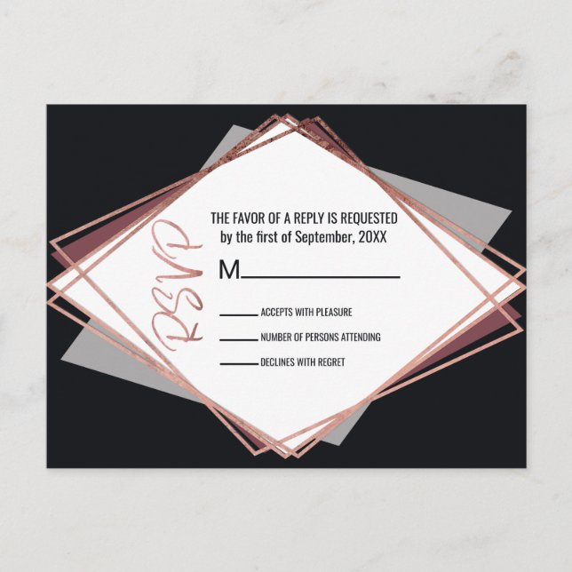 Invitation Carte Postale Mariage géométrique rose Gold Black Mauve Grey RSV (Devant)