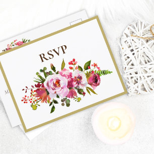 Invitation Carte Postale Mariage Magenta Coral rose Floral Bordure or RSVP