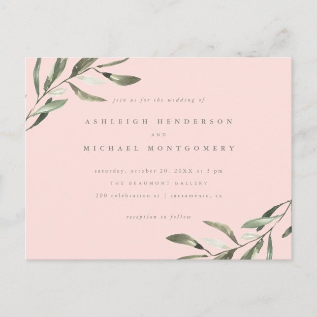 Invitation Carte Postale Mariage minimum Pastel Rose & Sage Green Branches (Devant)
