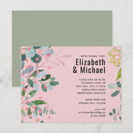 Invitation Carte Postale Mariage Moderne Rose et Verdure