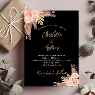 Invitation Carte Postale Mariage noir pampas herbe rose or fleurons boho