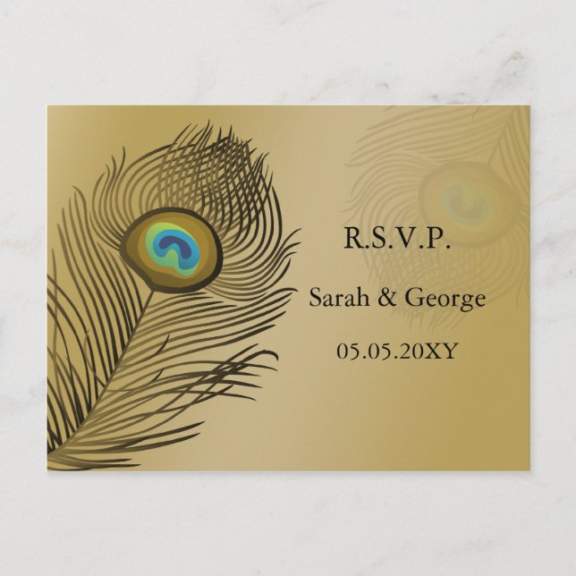Invitation Carte Postale mariage or paon rsvp (Devant)