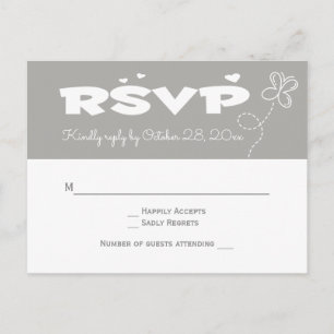 Invitation Carte Postale Mariage Papillon & Cœurs RSVP Gris & Blanc
