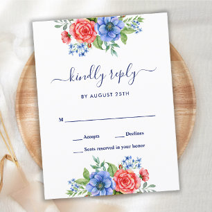 Invitation Carte Postale Mariage Patriotique Rouge Blanc Bleu Floral RSVP