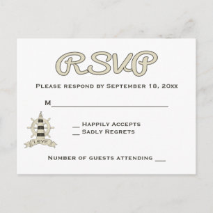 Invitation Carte Postale Mariage Phare et Roue de Bateau RSVP Tan