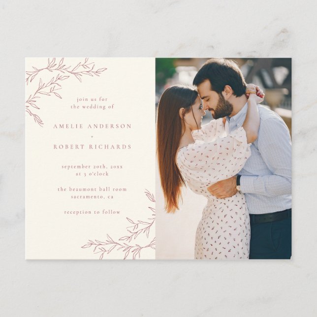 Invitation Carte Postale Mariage photo Crème simple et feuillage rouge bouc (Devant)