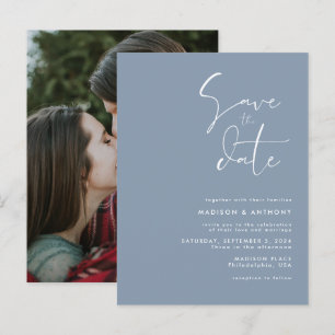 Invitation Carte Postale Mariage Photo Minimaliste Bleu Poussiéreux Enregis