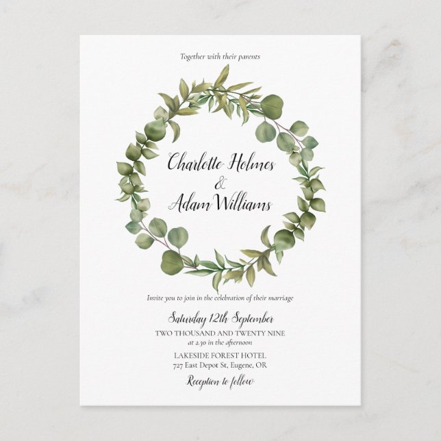 Invitation Carte Postale Mariage photo moderne Eucalyptus Green Foliage (Devant)