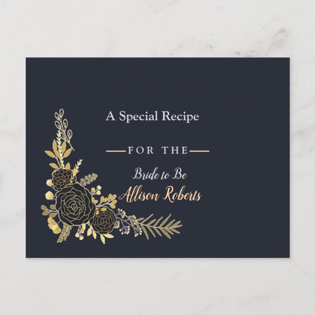 Invitation Carte Postale Mariage Romantique doré Fleur Navy Blue R (Devant)