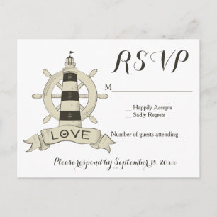 Invitation Carte Postale Mariage roue phare RSVP noir nautique bronzé