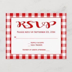 Invitation Carte Postale Mariage rouge RSVP En vichy contrôles effectués
