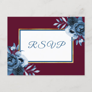 Invitation Carte Postale Mariage RSVP bleu marine floral bordeaux blanc