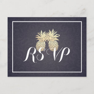 Invitation Carte Postale Mariage RSVP répondre Gold Ananas Couple Marine Bl
