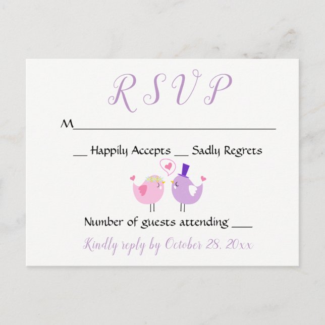 Invitation Carte Postale Mariage RSVP violet Lovebird Mariage Lavande rose (Devant)
