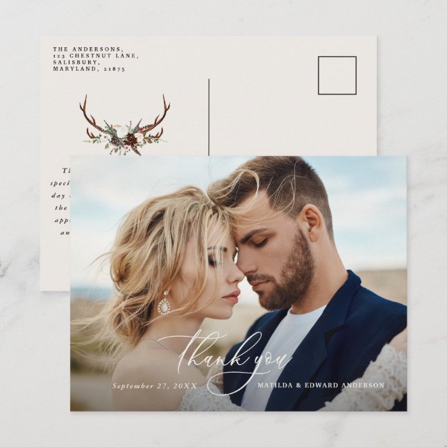 Invitation Carte Postale Mariage rustique élégant merci botanique (Devant / Derrière)