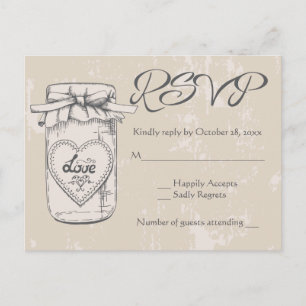 Invitation Carte Postale Mariage Rustique Réponse Pot Mason Cœurs Brun Beig
