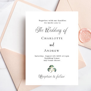 Invitation Carte Postale Mariage vert ginkgo feuille script simple