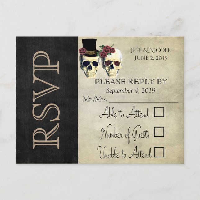 Invitation Carte Postale Mariée et Groom Crâne Rose Turquoise Mariage RSVP (Devant)