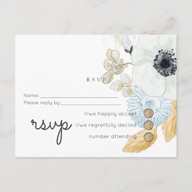 Invitation Carte Postale Marine Blanc or Floral Mariage Budget RSVP (Devant)