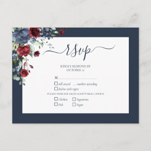 Invitation Carte Postale Marine Bleu Bourgogne Botanique Mariage de script