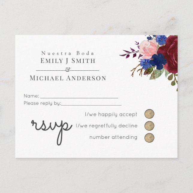 Invitation Carte Postale Marine Bleu Bourgogne Floral Espagnol Boda RSVP (Devant)
