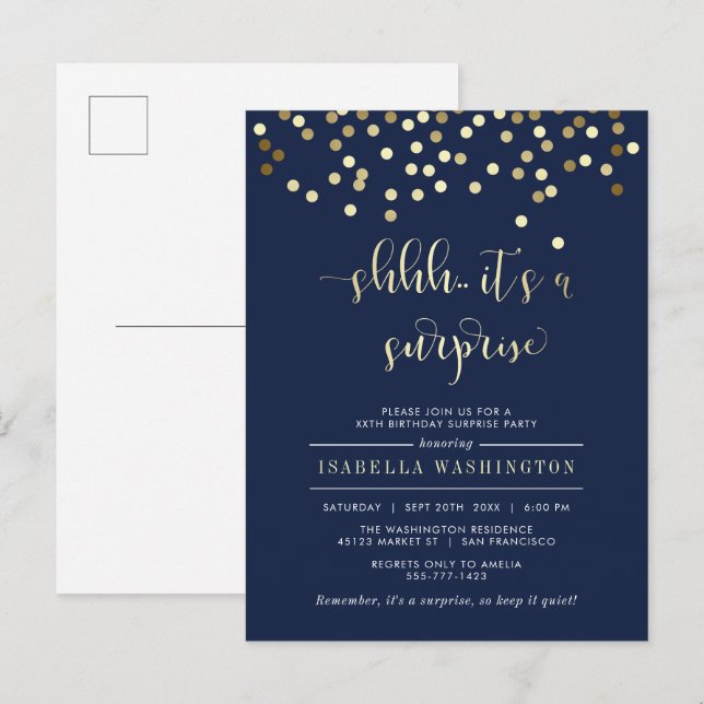 Invitation Carte Postale Marine Blue & Gold Confetti Surprise fête d'annive (Devant / Derrière)