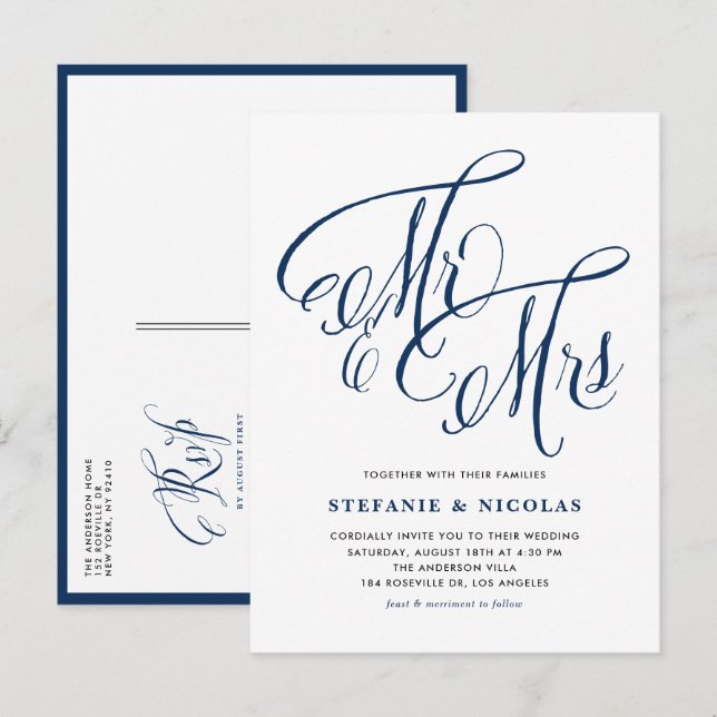 Invitation Carte Postale Marine Blue M. et Mme Rustic Mariage de calligraph (Devant / Derrière)