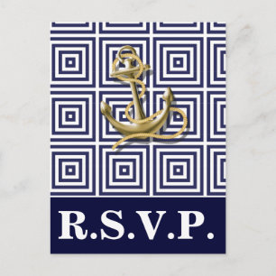 Invitation Carte Postale Marine Blue motif ancre de mariage nautique rsvp