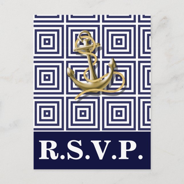 Invitation Carte Postale Marine Blue motif ancre de mariage nautique rsvp (Devant)