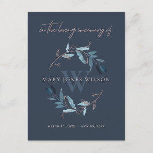 INVITATION CARTE POSTALE MARINE BLUE ROSE FOLIAGE WREATT MERCI MÉMORIAL