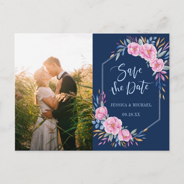 Invitation Carte Postale Marine Blush Rose Floral Boho Photo Enregistrer La (Devant)