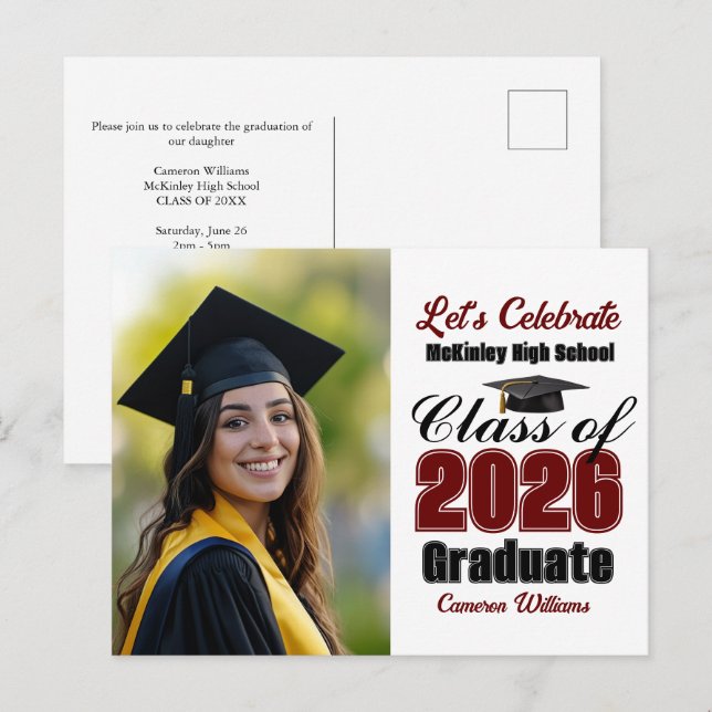Invitation Carte Postale Maroon Class of 2026 Photo Graduation Party (Devant / Derrière)