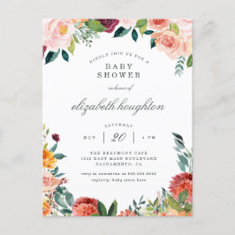 Invitation Carte Postale Marsala Bourgogne Baby shower floral rose pâle
