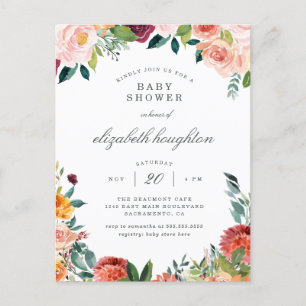 Invitation Carte Postale Marsala Bourgogne Baby shower floral rose pâle