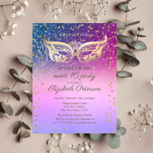 Invitation Carte Postale Mascarade  Diamants Glitter Froid Douce 16 Ans