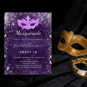 Invitation Carte Postale Mascarade violet paillettes d'argent Sweet 16