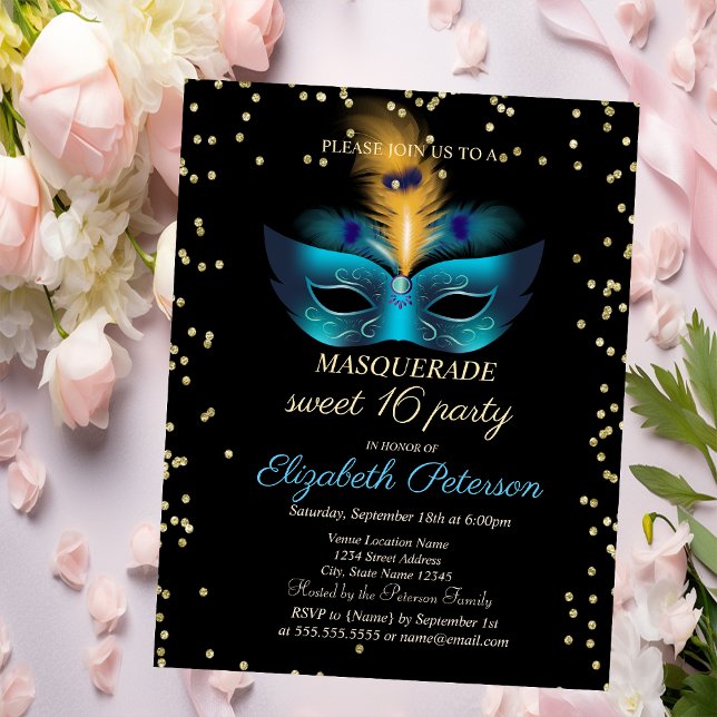 Invitation Carte Postale Masque bleu Diamants Masquerade Sweet 16 (Créateur téléchargé)