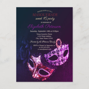 Invitation Carte Postale Masque de Bal Noir Chic, Masque Sweet 16