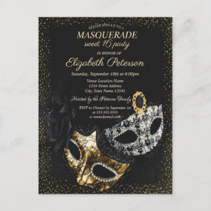 Invitation Carte Postale Masque de Confettis Élégant pour Black Masquerade,