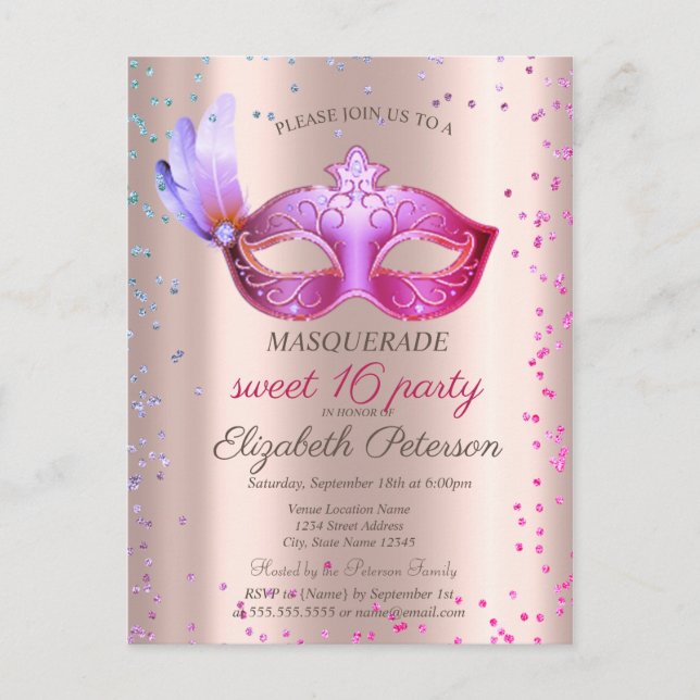Invitation Carte Postale  Masque Moderne Diamants Rose Gold Sweet 16  (Devant)