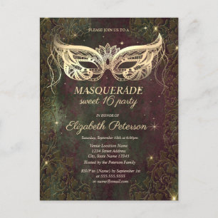 Invitation Carte Postale Masque Or Patine Cuivre Sweet 16