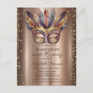 Invitation Carte Postale Masque Plumes Or Diamants Cuivre Sweet 16