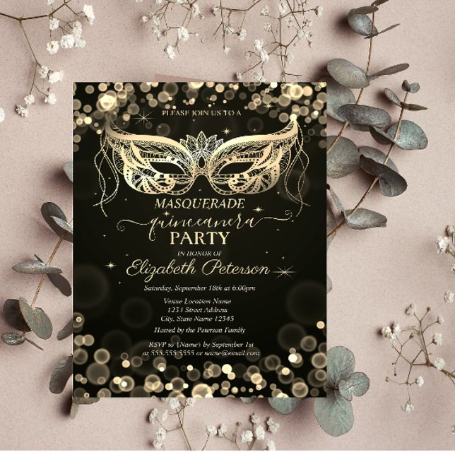 Invitation Carte Postale Masquerade Bokeh Dark Quinceañera (Créateur téléchargé)
