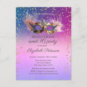 Invitation Carte Postale Masquerade Diamants Paillettes Violettes Sweet 16
