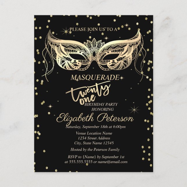 Invitation Carte Postale Masquerade Gold Diamonds 21e fête d'anniversaire (Devant)