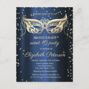 Invitation Carte Postale Masquerade Gold Diamonds Navy Blue Sweet 16